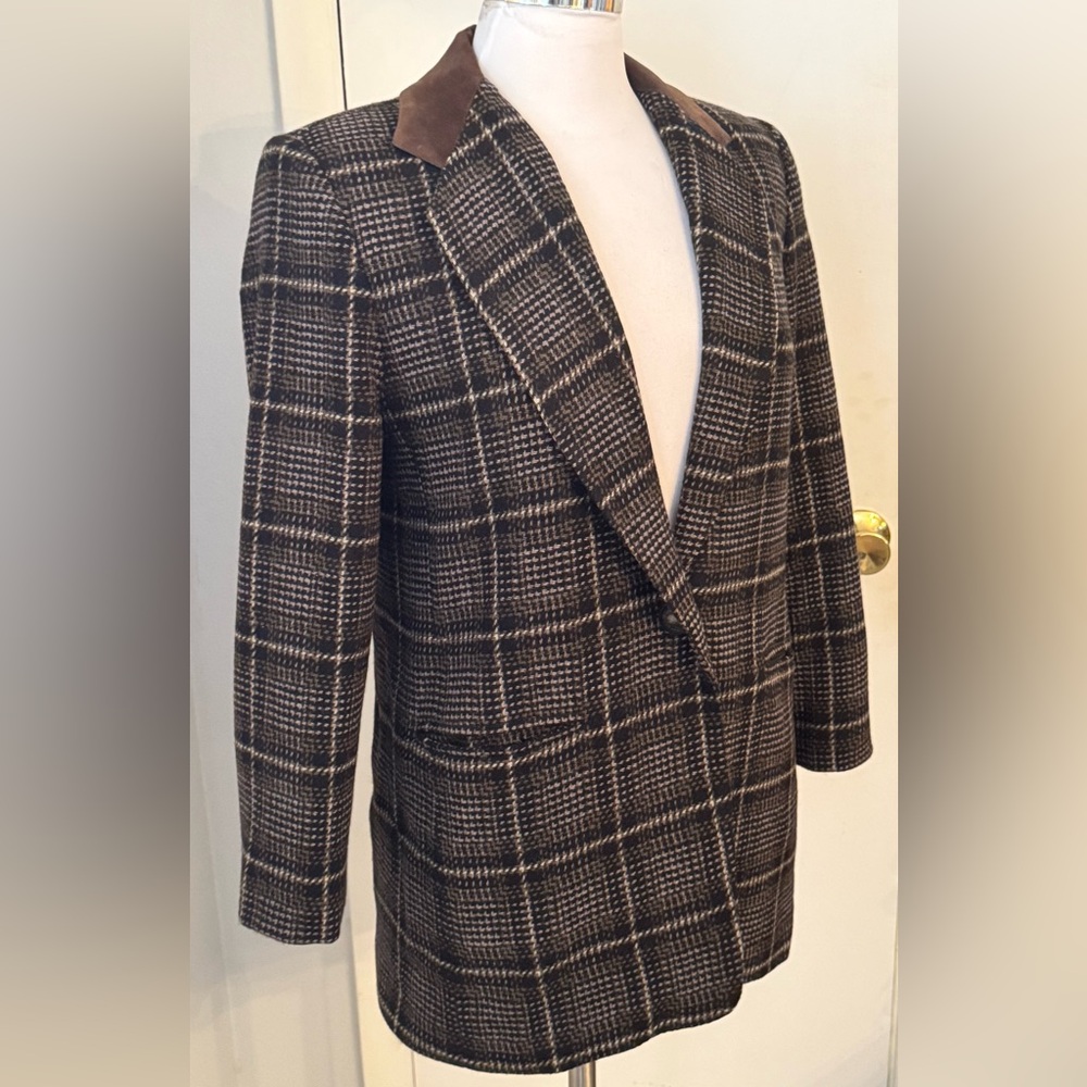 Plaid Blazer Leather Suede Collar Medium Wool blend Academia Preppy - Picture 10 of 11
